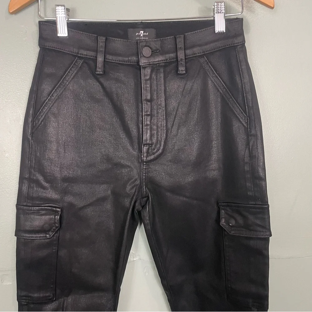 7 For All Mankind Coated Cargo Skinny‎ Black Shiny Women Sz 28 NWT